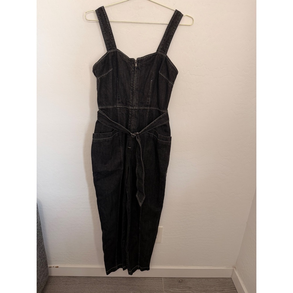 La Vie Rebecca Taylor Black Denim Zip Front Tie Waist Jumpsuit Womens Medium